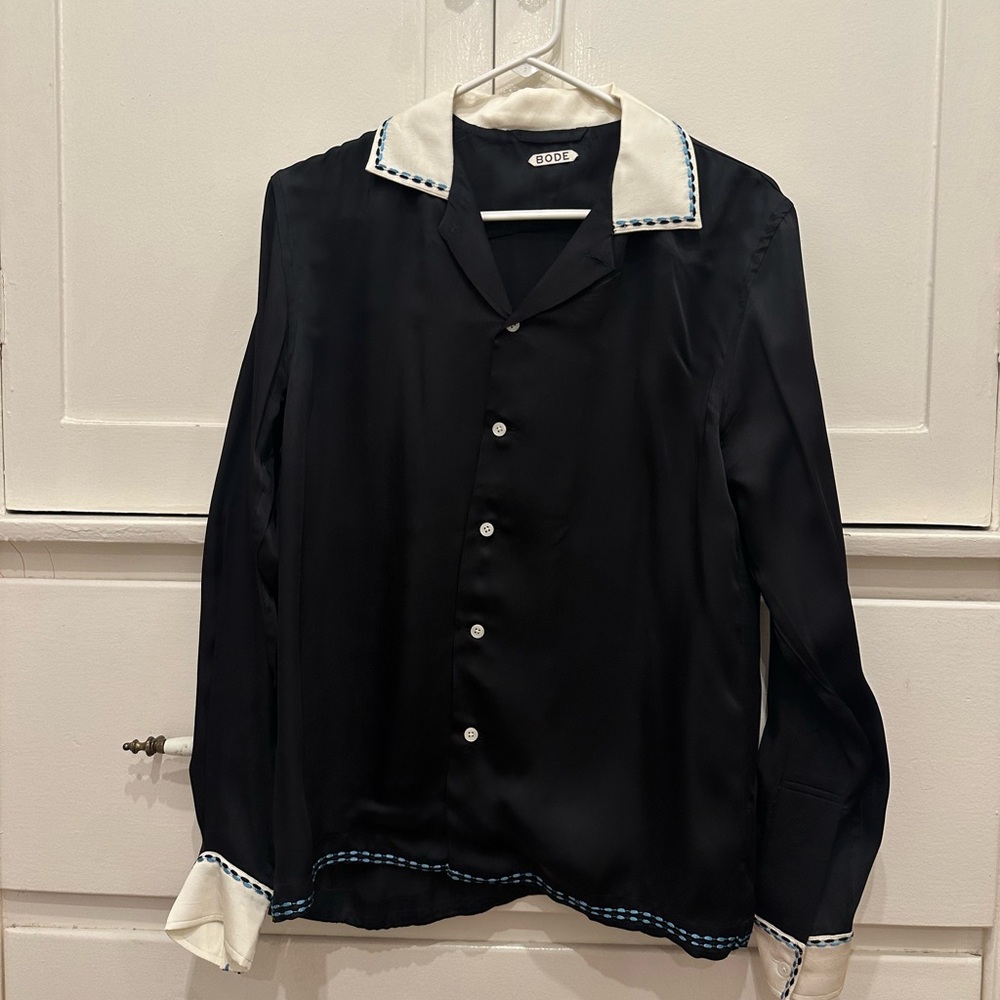 Bode Black Button-Up Shirt with White Contrast Collar